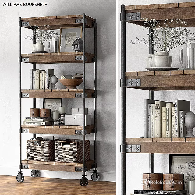Multi Tier Metal Frame Wooden Shelf Unit With Books Baskets And Decorative Vases 3d model 