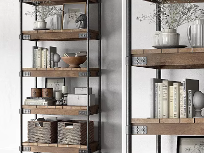 Multi Tier Metal Frame Wooden Shelf Unit With Books Baskets And Decorative Vases 3d model
