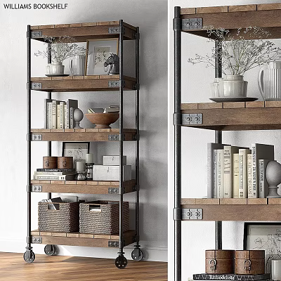Multi Tier Metal Frame Wooden Shelf Unit With Books Baskets And Decorative Vases 3d model