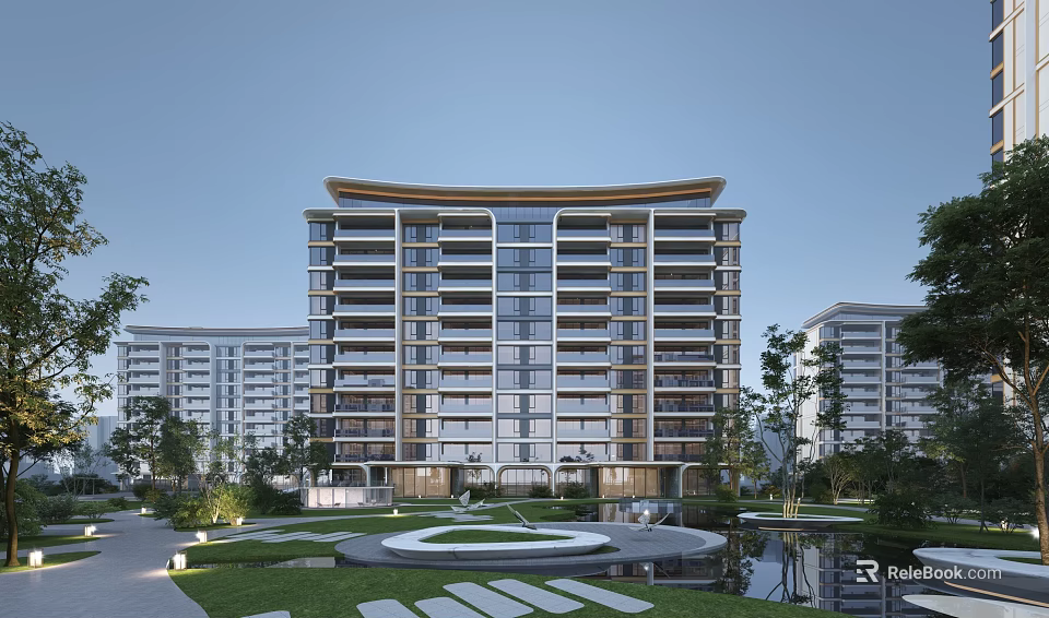 Modern High Rise Residential Building With Green Garden Pathways And Water Feature 3d model 