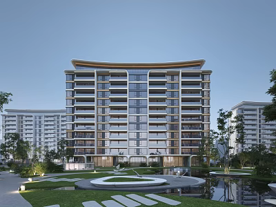 Modern High Rise Residential Building With Green Garden Pathways And Water Feature 3d model