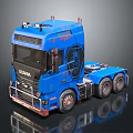 Blue Scania Heavy Duty Truck Featuring Stylish Emblem Six Wheels And Reflective Surface