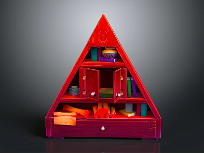 Red Triangular Furniture Shelf with Open Doors Books Small Items and Bottom Drawer 3d model