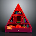 Red Triangular Furniture Shelf with Open Doors Books Small Items and Bottom Drawer