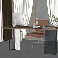 Contemporary Office Desk With Wooden Top Metal Frame White Monitor Beige Chair And Green Plant