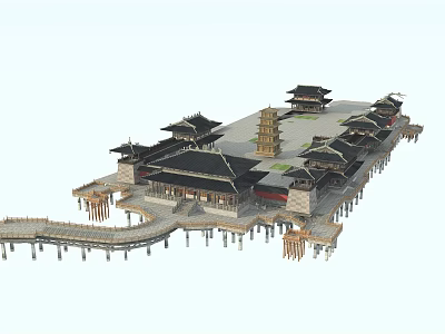 Ancient Chinese Architecture Design With Classic Roofs Pagoda And Wooden Platforms 3d model
