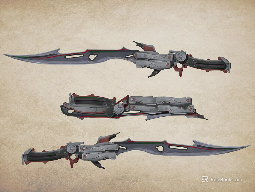 Futuristic Mechanical Bladed Weapon Three Displayed With Red Accents And Structural Details 3d model 