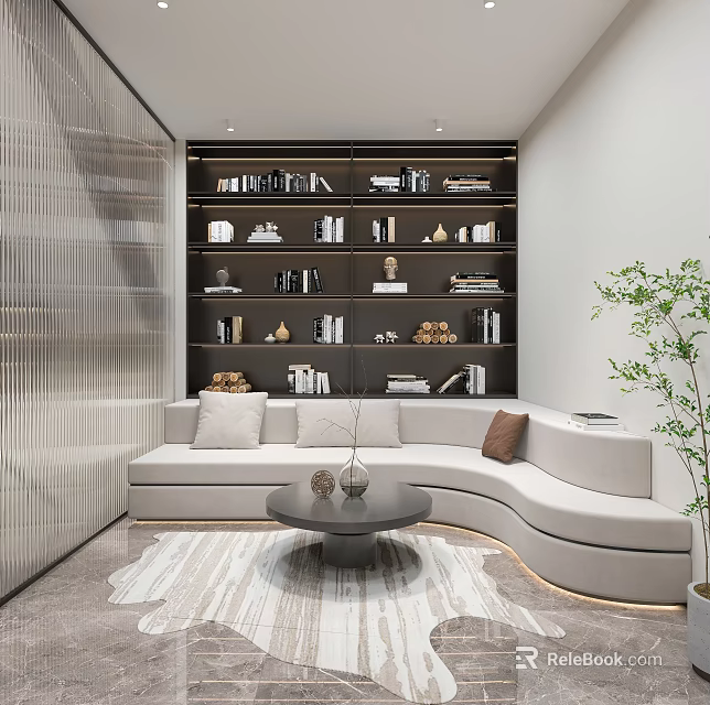 Modern Study Room With Bookcase Art Decor And Curved Sofa 3d model