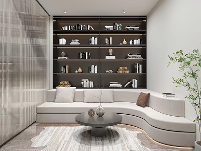 Modern Study Room With Bookcase Art Decor And Curved Sofa 3d model
