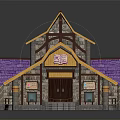 Cartoon Style Building With Purple Roof Yellow Eaves Wooden Structure Front Steps And Book Sign