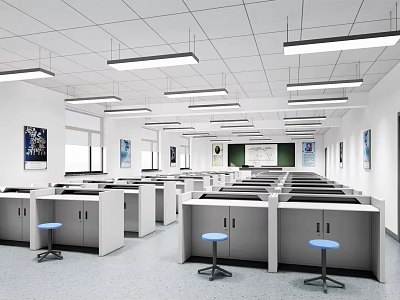 Spacious Modern Laboratory Interior Design With White Cabinets Blue Stools Workstations And Ceiling Lights 3d model