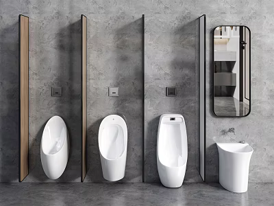 Three White Urinals With Wooden Partitions In Modern Gray Bathroom 3d model