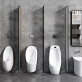 Three White Urinals With Wooden Partitions In Modern Gray Bathroom