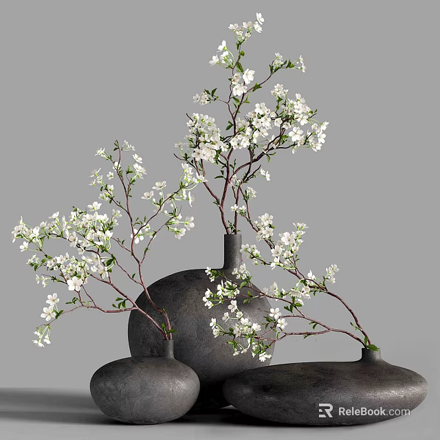 Gray Ceramic Vases with White Blossom Branches for Modern Home Decoration 3d model 