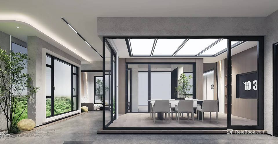 Modern Furniture Showroom With Open Space Glass Windows And Indoor Plants 3d model 