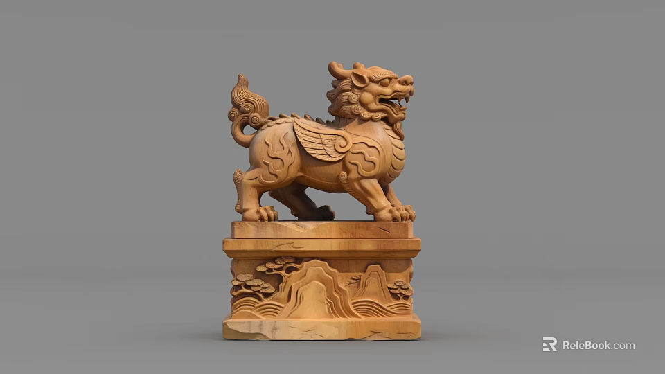Traditional Carved Wooden Ornament Decoration Set With Mythical Beast And Mountain Base 3d model 