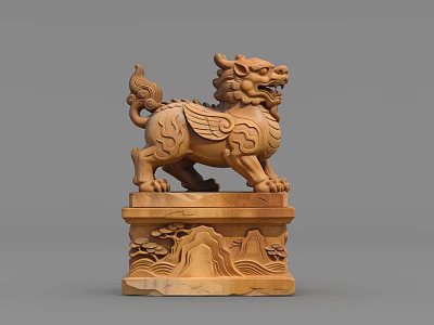 Traditional Carved Wooden Ornament Decoration Set With Mythical Beast And Mountain Base 3d model