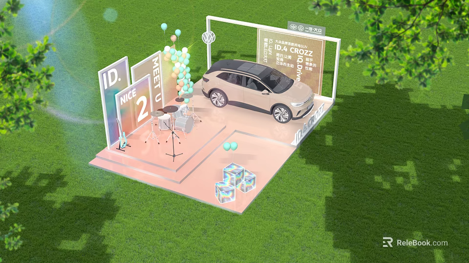 Outdoor Car Display Stage With Balloons Number Signs And Grass Background Decorations 3d model 