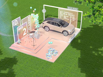 Outdoor Car Display Stage With Balloons Number Signs And Grass Background Decorations 3d model