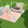 Outdoor Car Display Stage With Balloons Number Signs And Grass Background Decorations