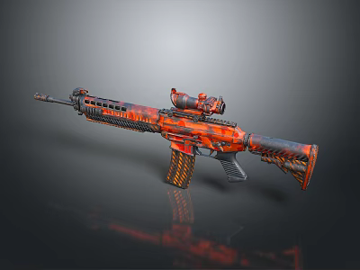 Assault Rifle With Red Orange Flame Pattern Scope Tactical Grip And Black Background Reflection 3d model