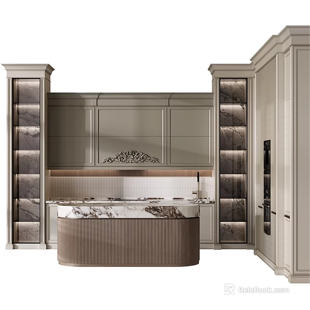 Elegant Modern Kitchen Interior With Light Gray Cabinets And Marble Island Countertop 3d model 