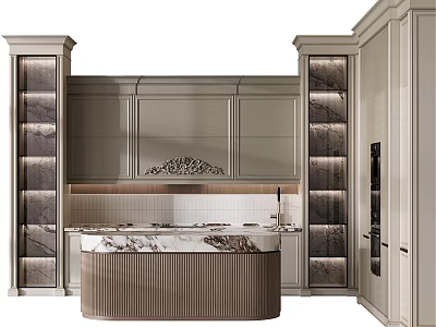 Elegant Modern Kitchen Interior With Light Gray Cabinets And Marble Island Countertop 3d model