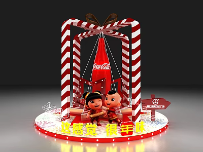 Festive New Year Display With Red White Striped Frame Bow Coca Cola Logo And Cartoons 3d model