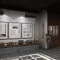 Traditional Chinese Cultural Center Interior With Calligraphy Exhibits And Wooden Display Cabinets