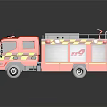 Red Fire Truck with Yellow Black Stripes Roof Ladder and 119 Logo on Reflective Surface