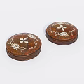 Two Round Brown Decorative Boxes With White Floral Patterns Ornament Set 3d model