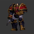 Detailed Fantasy Warrior Character in Red and Gold Ornate Armor with Intricate Design Holding Sword