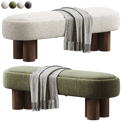 Cream and Green Sofa Bench with Textured Upholstery Wooden Legs and Gray Throw Blanket 3d model