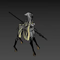 Game Movie Character In White Outfit Yellow Cape Black White Stripes And Spear Design