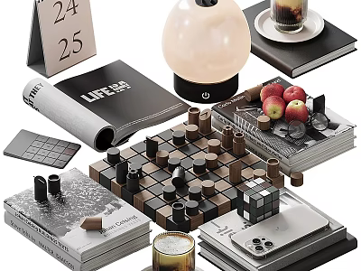 Stylish Modern Decorative Ornament Set With Calendar Lantern Coffee Cup Books And Apples 3d model