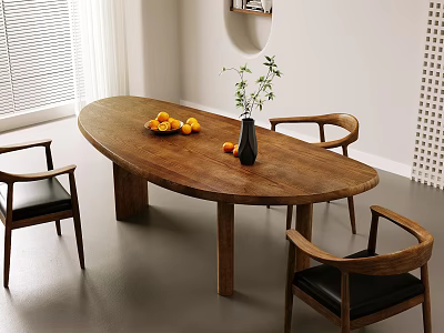 Wooden Oval Dining Table with Black Leather Chairs Fruit Plate and Green Plant Vase 3d model