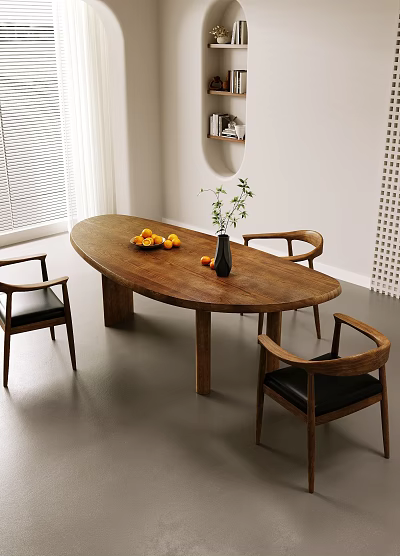 Wooden Oval Dining Table with Black Leather Chairs Fruit Plate and Green Plant Vase 3d model