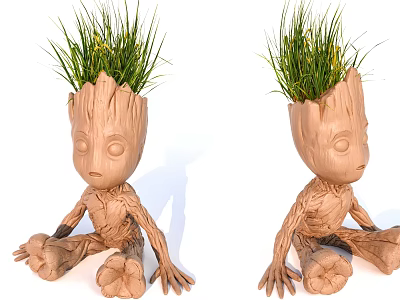 Groot Inspired Hand Carved Sculpture in Sitting Posture with Green Grass on Head 3d model