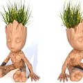 Groot Inspired Hand Carved Sculpture in Sitting Posture with Green Grass on Head