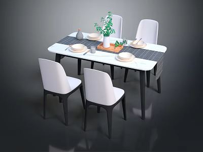 Modern Dining Table Set with Four White Chairs Black Legs Marble Top and Green Plant 3d model