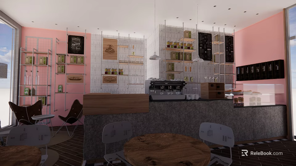 Pink Wall Restaurant Interior With Open Layout Coffee Bar Wooden Tables And Chairs 3d model 