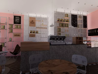 Pink Wall Restaurant Interior With Open Layout Coffee Bar Wooden Tables And Chairs 3d model