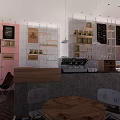 Pink Wall Restaurant Interior With Open Layout Coffee Bar Wooden Tables And Chairs