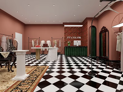 Stylish Clothing Store with Pink Walls Black White Checkered Floor Green Reception and Clothing Racks 3d model