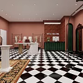 Stylish Clothing Store with Pink Walls Black White Checkered Floor Green Reception and Clothing Racks