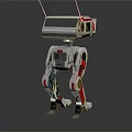 White And Red Robot With Mechanical Body Antennas And Display Screen Standing On Dark Background