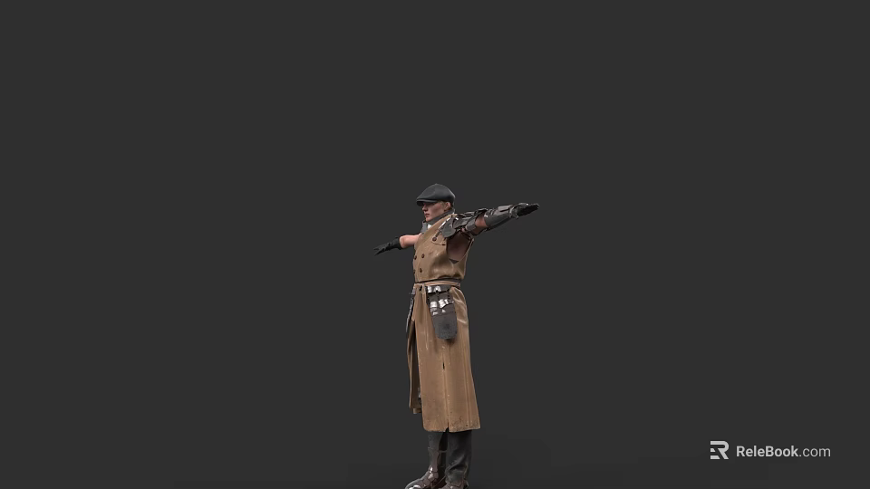 Woman Standing In Long Brown Coat And Hat Holding Crossbow Against Dark Background 3d model 