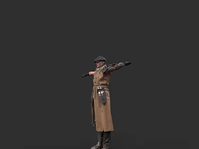 Woman Standing In Long Brown Coat And Hat Holding Crossbow Against Dark Background 3d model