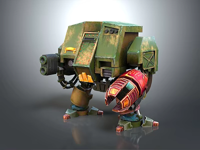 Mechanical Robot Creature With Green Armor Red Arm And Weapon Design Details 3d model