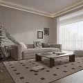 Modern Living Room With Beige Sofa Geometric Rug Green Plants And Floor To Ceiling Windows